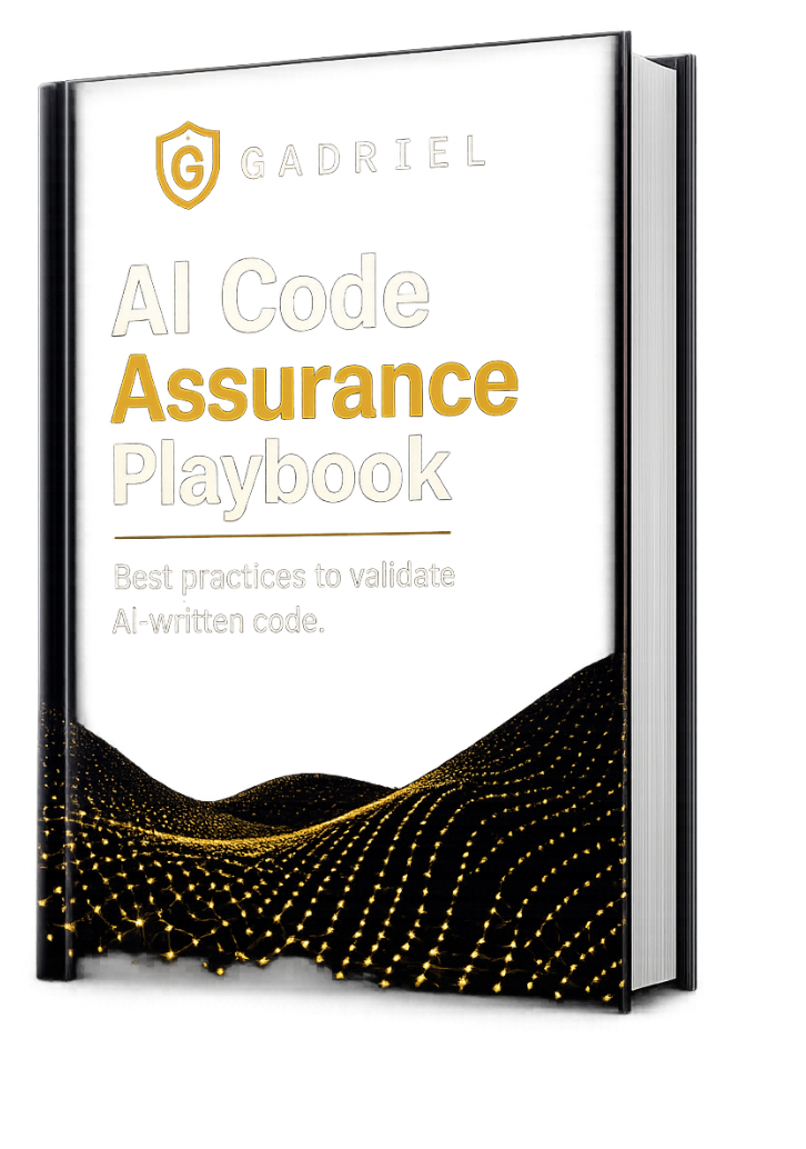 AI Code Assurance Playbook — a white and gold hardcover by Gadriel